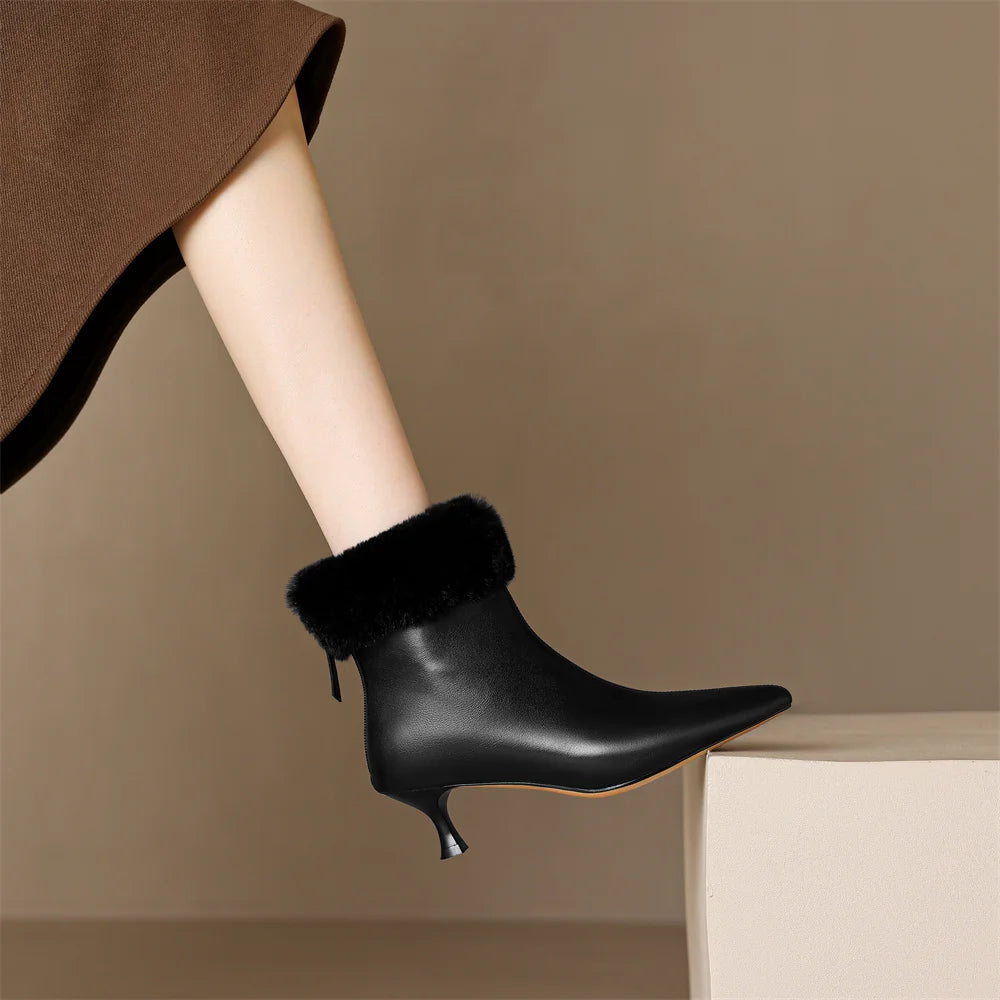 Elegant cow leather rabbit fur pointed toe side zip high quality kitten heel shoe