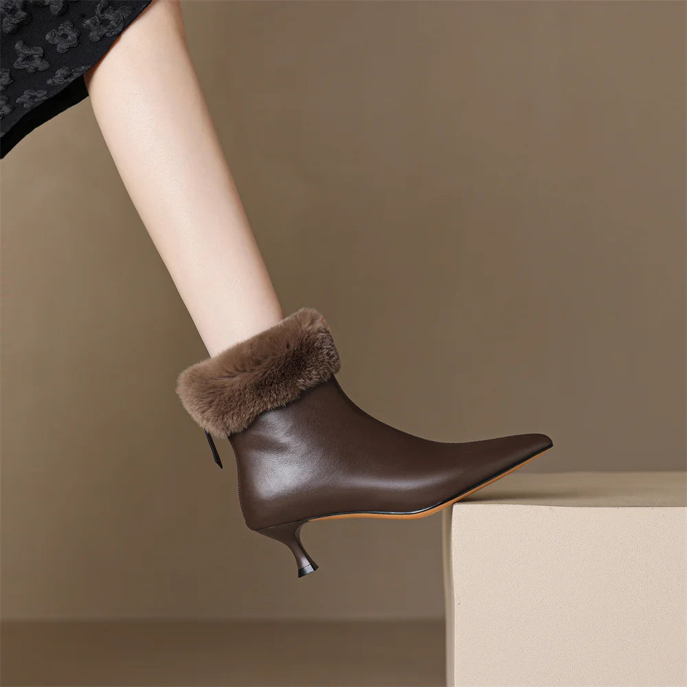 Elegant cow leather rabbit fur pointed toe side zip high quality kitten heel shoe