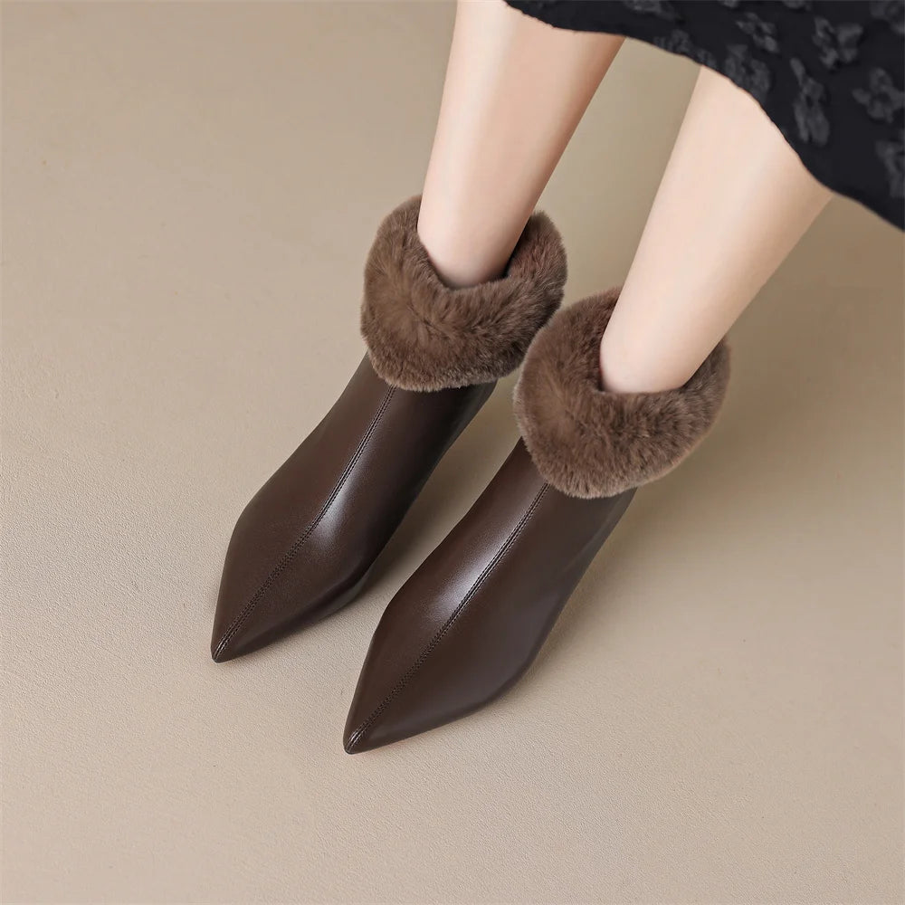 Elegant cow leather rabbit fur pointed toe side zip high quality kitten heel shoe