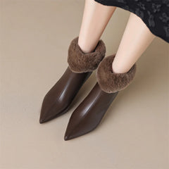 Elegant cow leather rabbit fur pointed toe side zip high quality kitten heel shoe