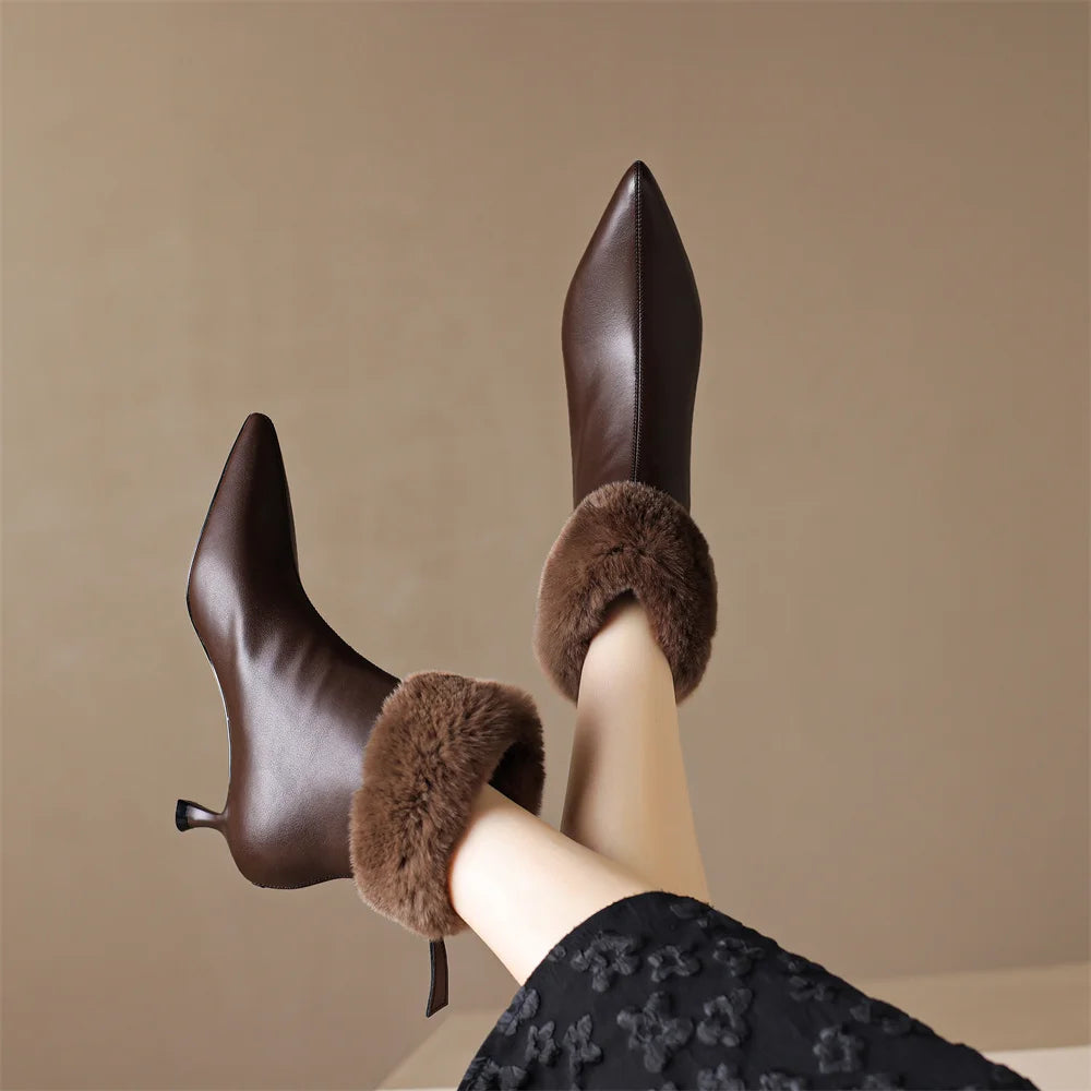 Elegant cow leather rabbit fur pointed toe side zip high quality kitten heel shoe