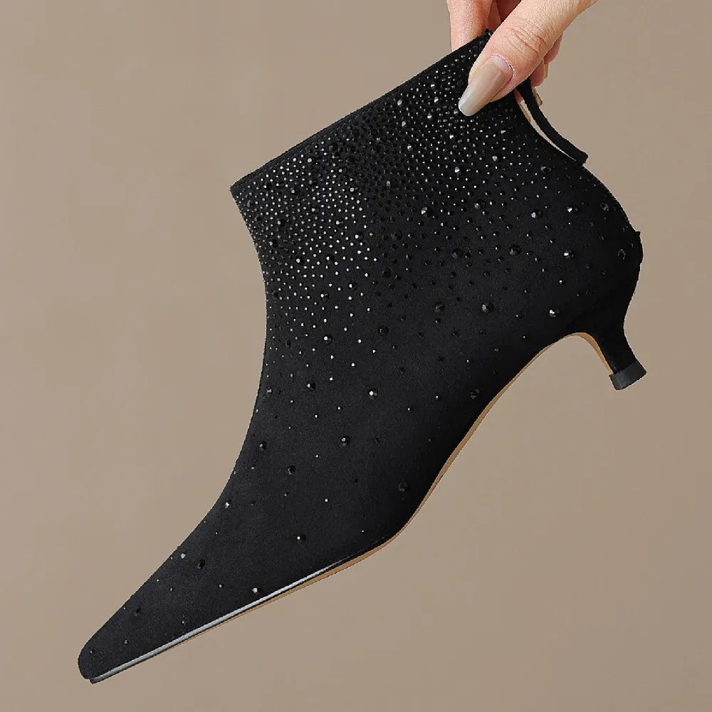 Elegant crystal decoration back zip natural suede leather kitten heel evening ankle boots