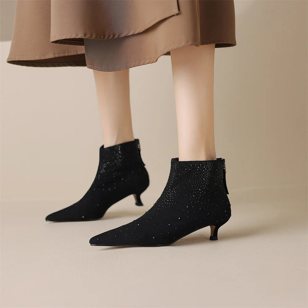 Elegant crystal decoration back zip natural suede leather kitten heel evening ankle boots