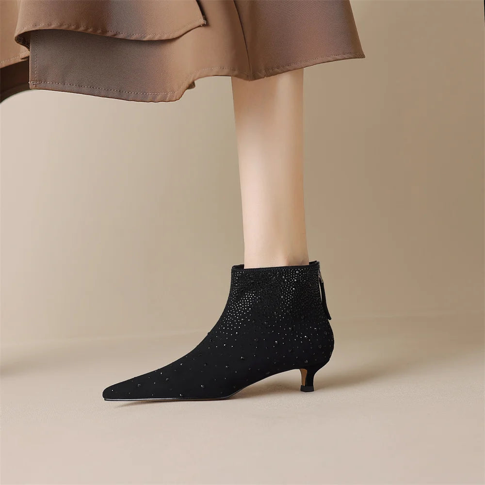Elegant crystal decoration back zip natural suede leather kitten heel evening ankle boots