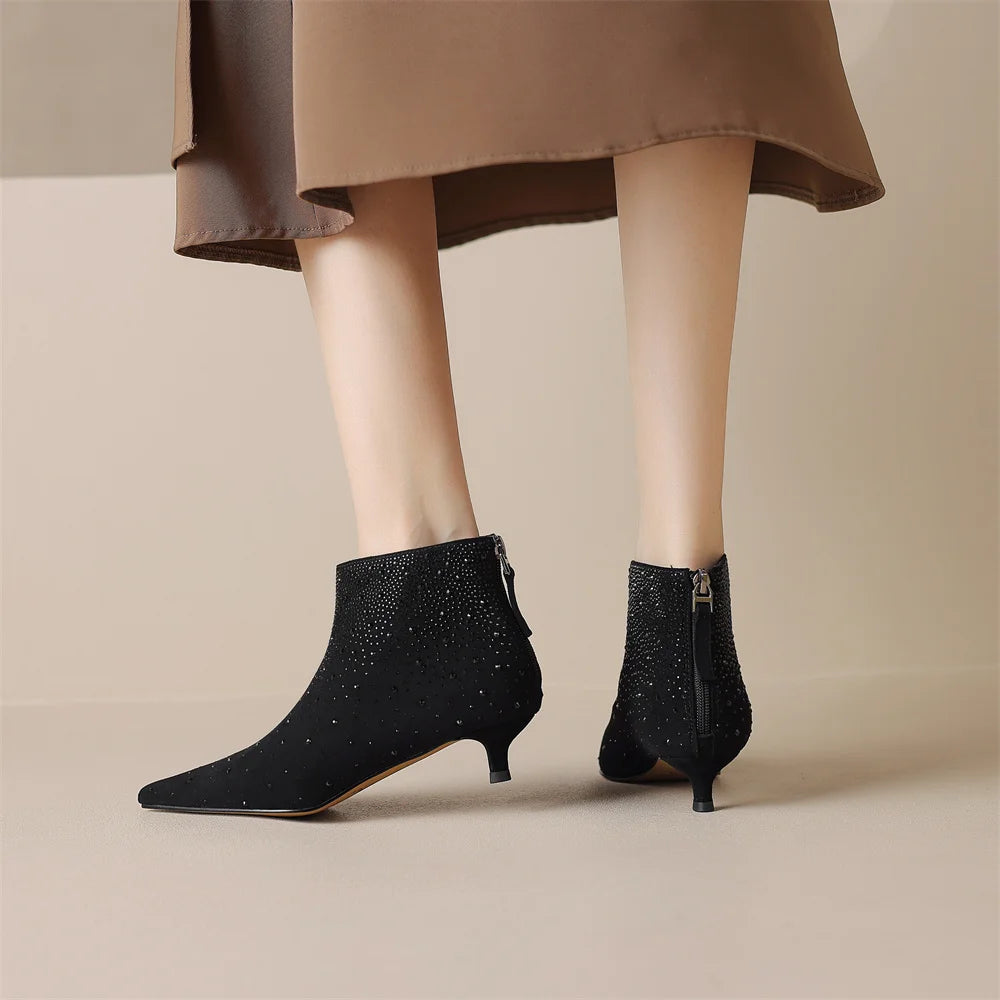 Elegant crystal decoration back zip natural suede leather kitten heel evening ankle boots
