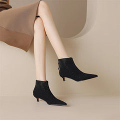 Elegant crystal decoration back zip natural suede leather kitten heel evening ankle boots