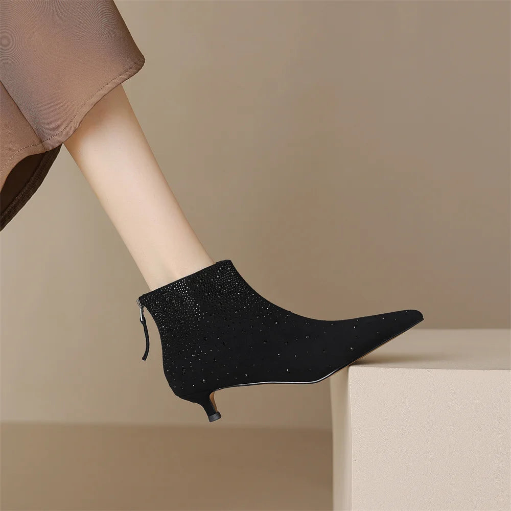 Elegant crystal decoration back zip natural suede leather kitten heel evening ankle boots