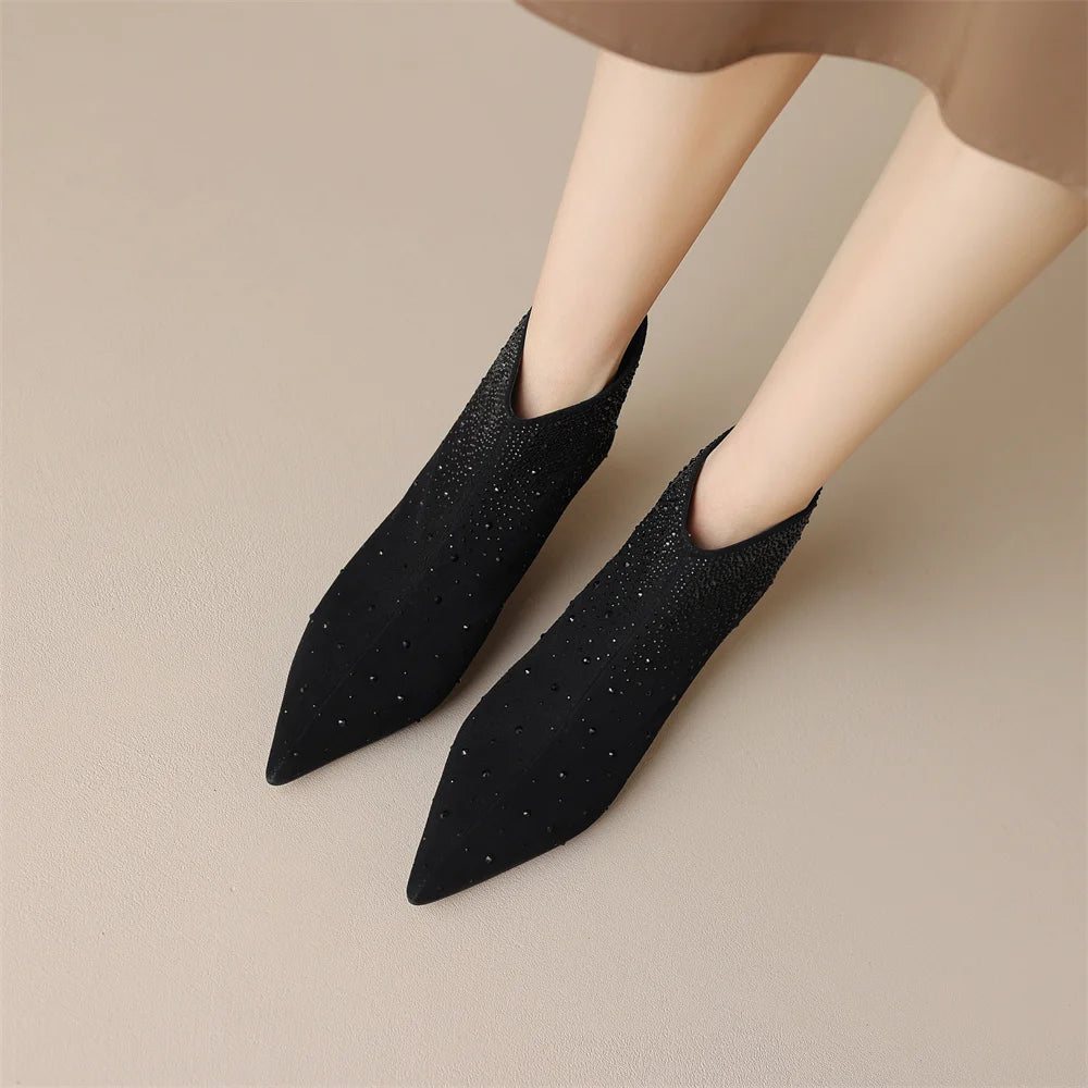 Elegant crystal decoration back zip natural suede leather kitten heel evening ankle boots