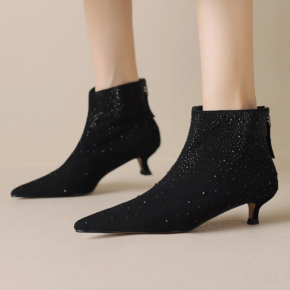 Elegant crystal decoration back zip natural suede leather kitten heel evening ankle boots