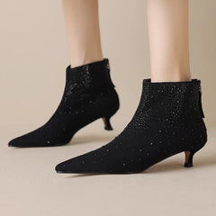 Elegant crystal decoration back zip natural suede leather kitten heel evening ankle boots