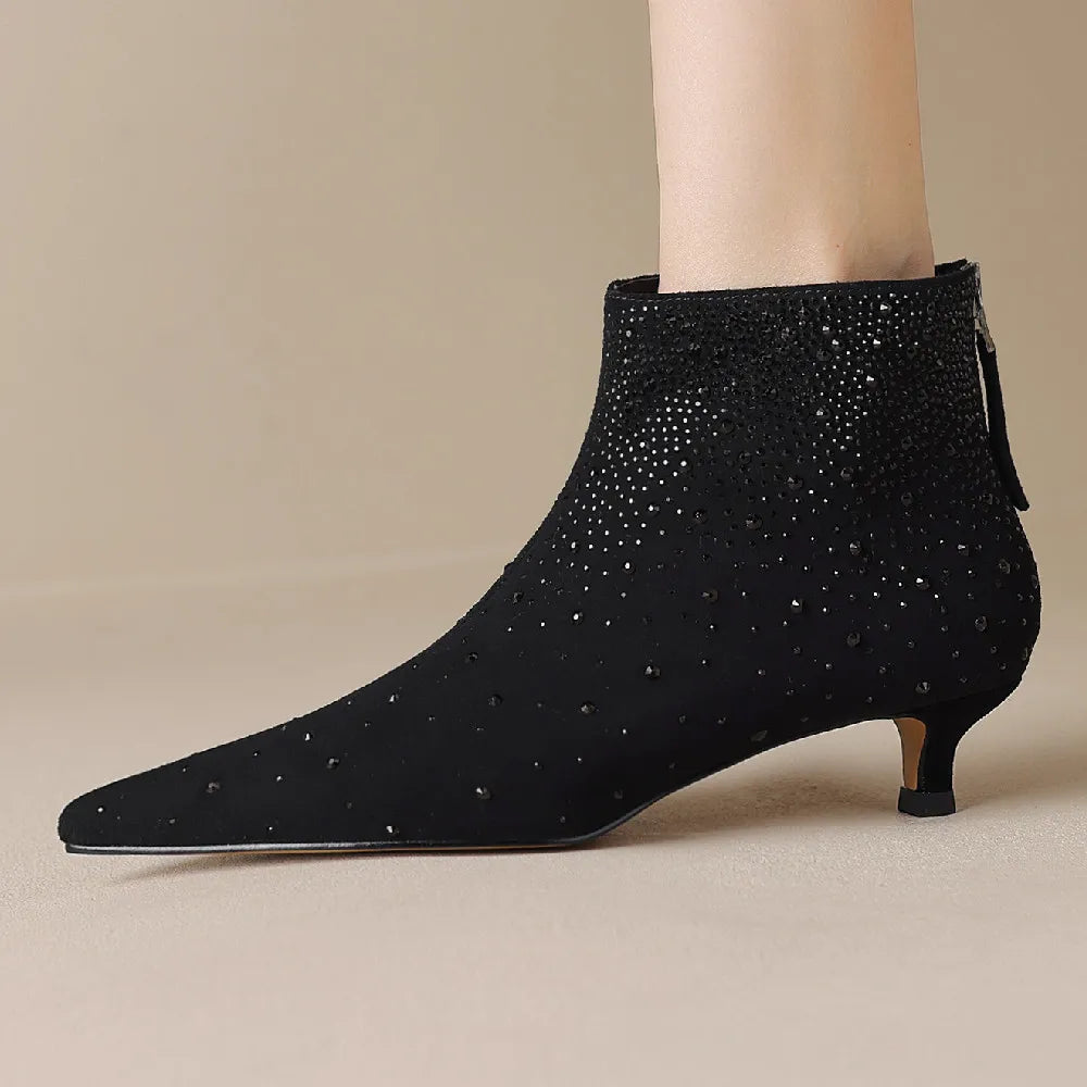 Elegant crystal decoration back zip natural suede leather kitten heel evening ankle boots
