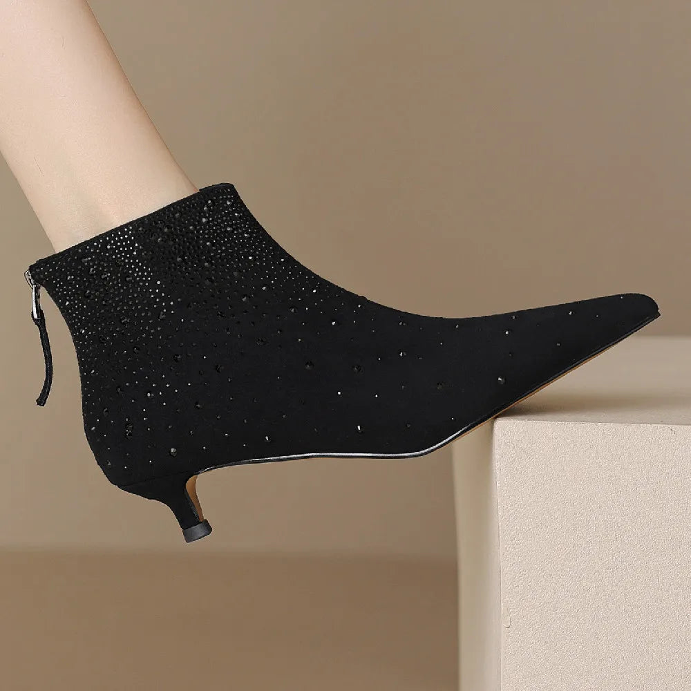 Elegant crystal decoration back zip natural suede leather kitten heel evening ankle boots