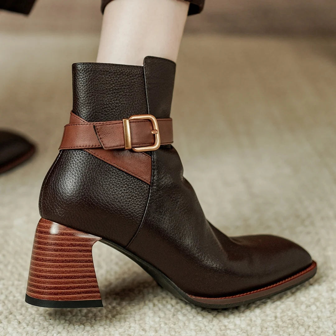 Elegant genuine leather ankle strap square toe daily thick high heel shoes