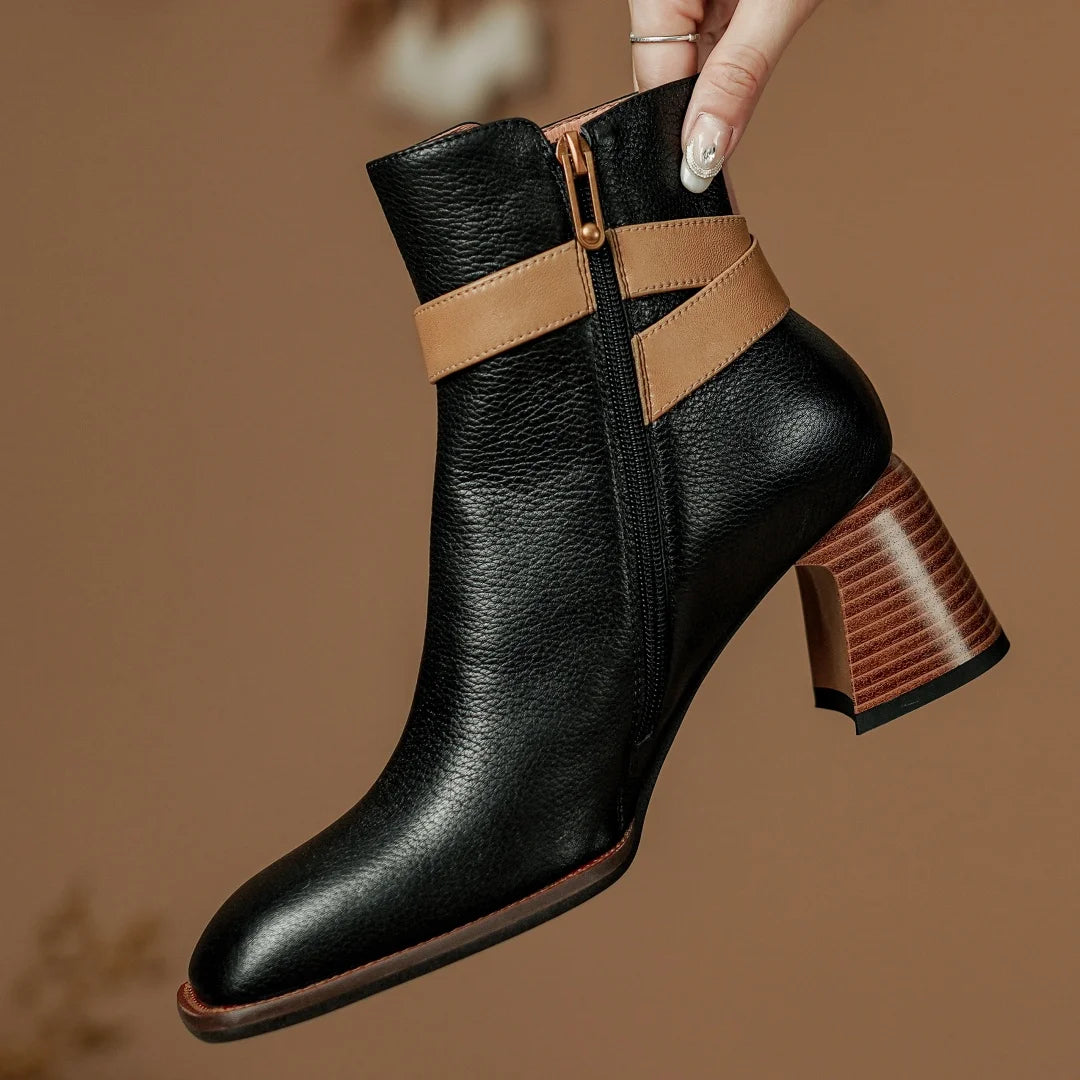 Elegant genuine leather ankle strap square toe daily thick high heel shoes