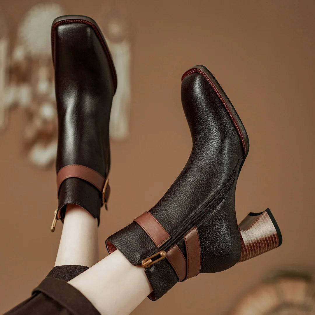 Elegant genuine leather ankle strap square toe daily thick high heel shoes