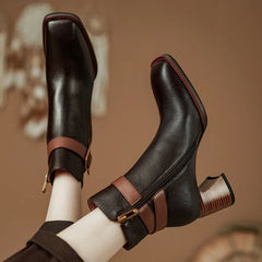 Elegant genuine leather ankle strap square toe daily thick high heel shoes