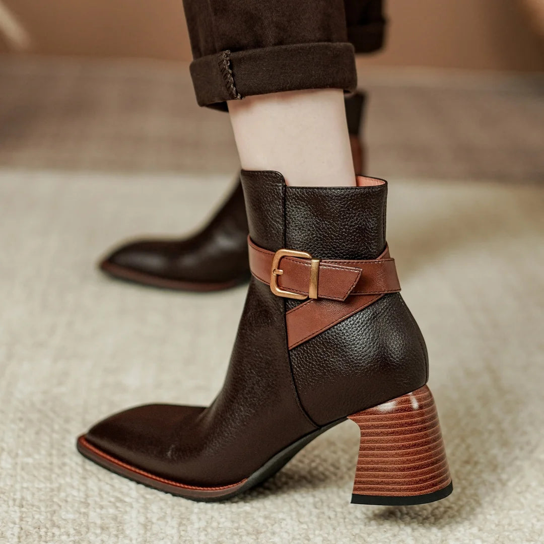 Elegant genuine leather ankle strap square toe daily thick high heel shoes