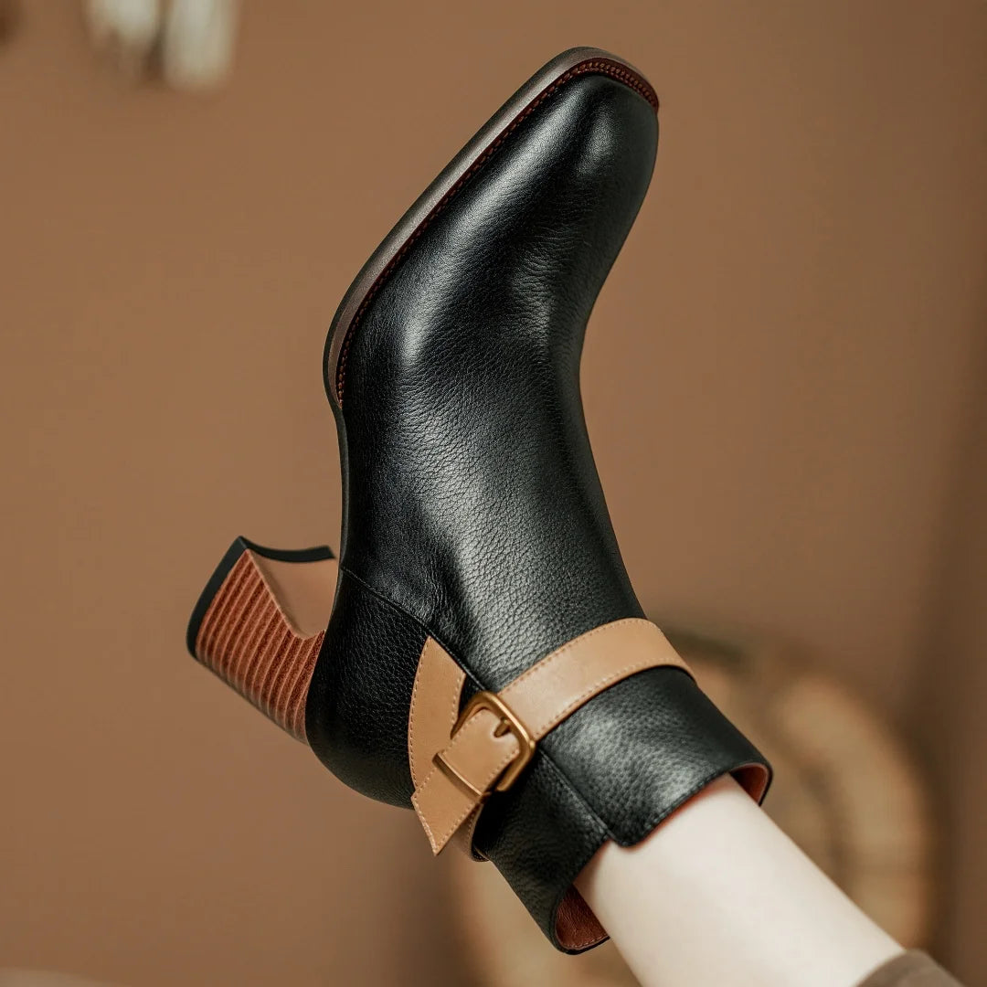 Elegant genuine leather ankle strap square toe daily thick high heel shoes