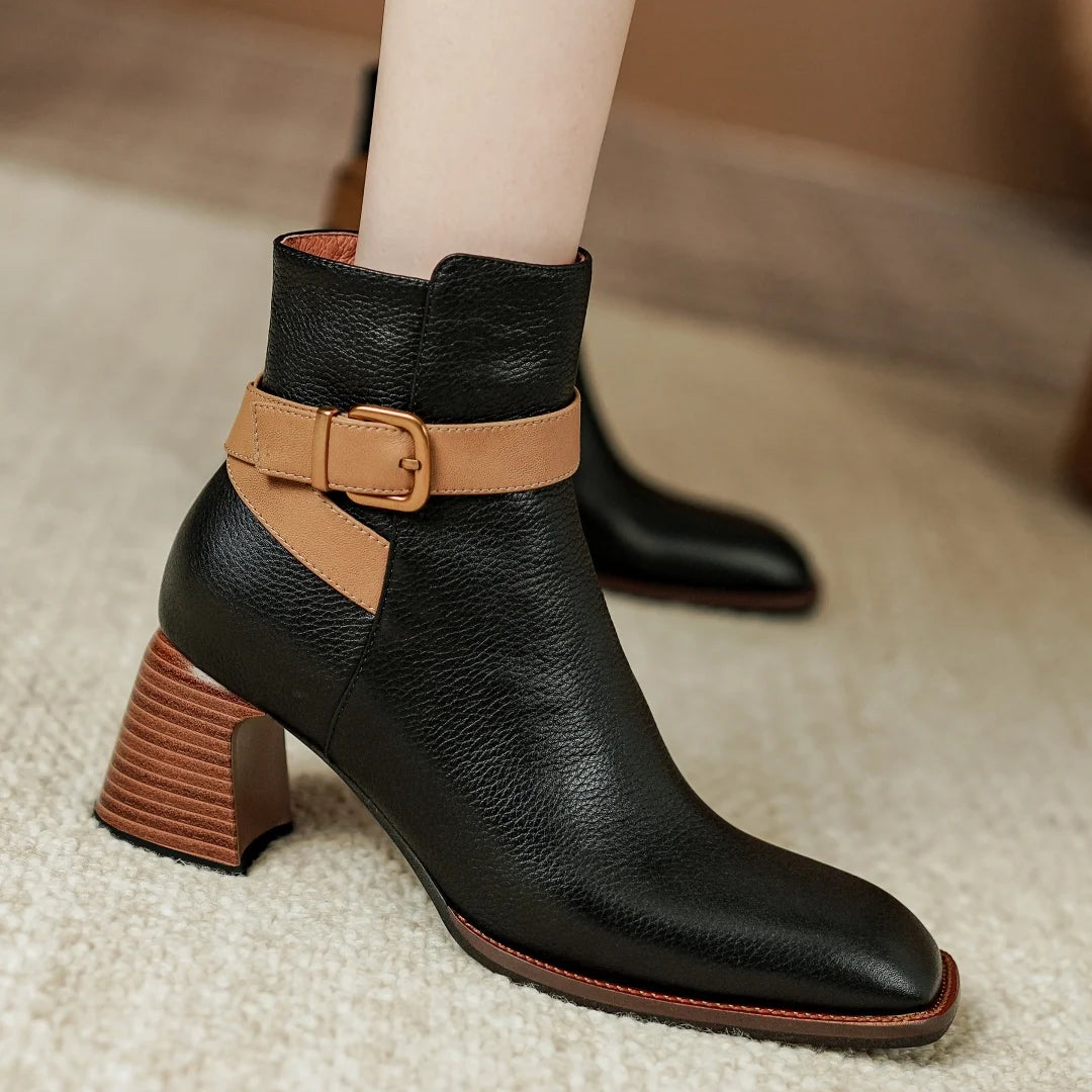 Elegant genuine leather ankle strap square toe daily thick high heel shoes