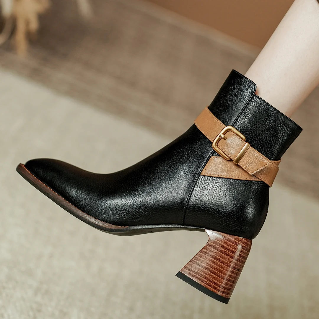 Elegant genuine leather ankle strap square toe daily thick high heel shoes