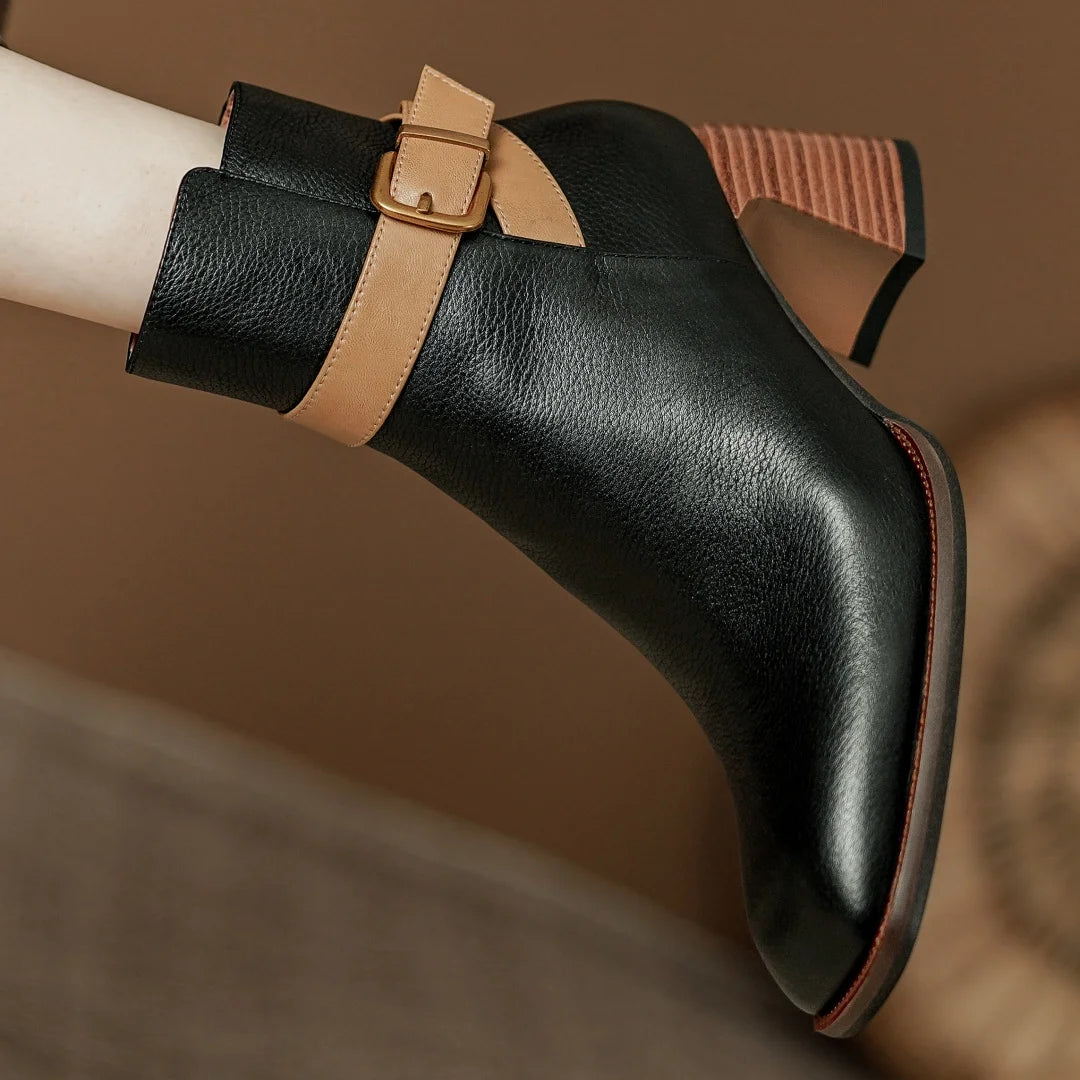 Elegant genuine leather ankle strap square toe daily thick high heel shoes