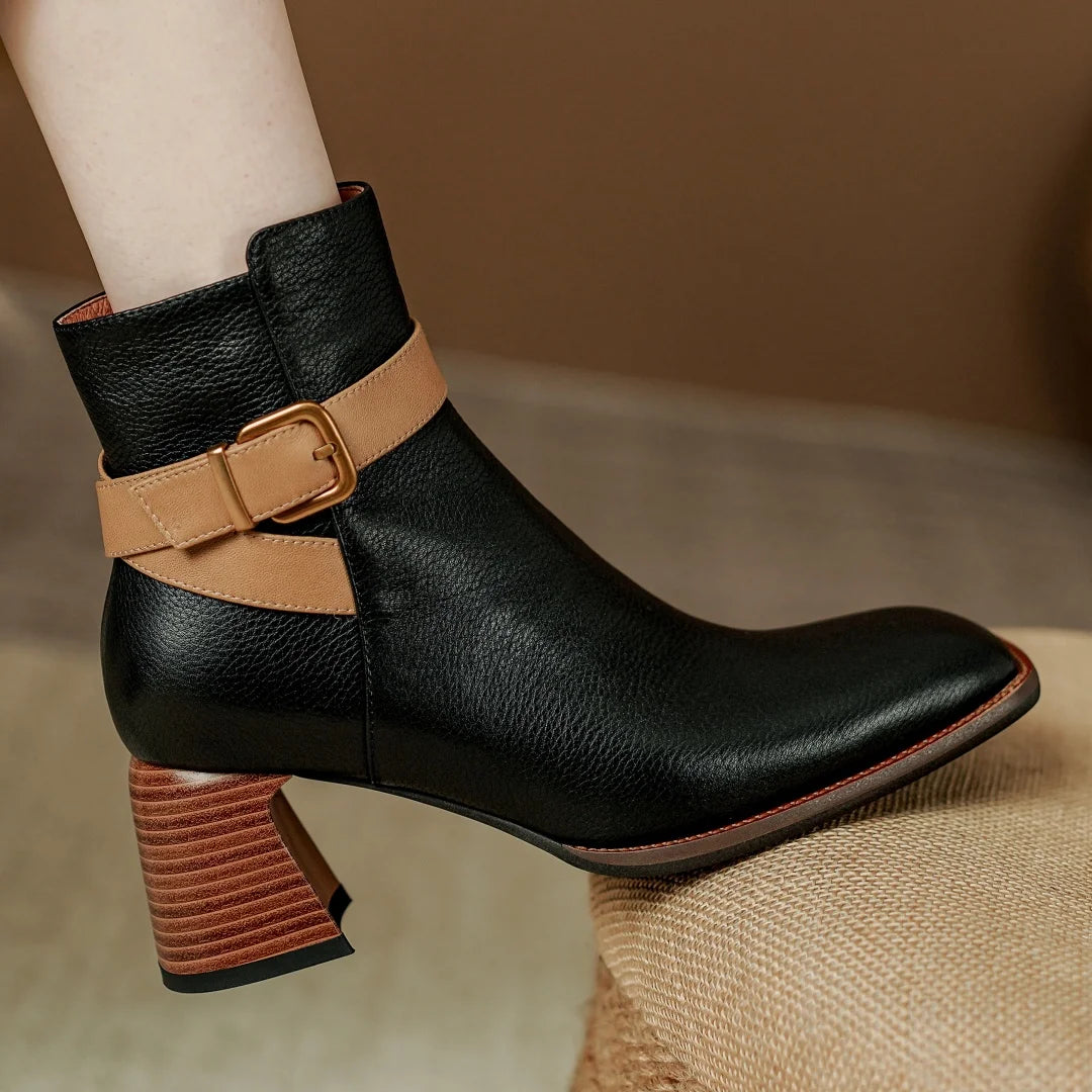 Elegant genuine leather ankle strap square toe daily thick high heel shoes