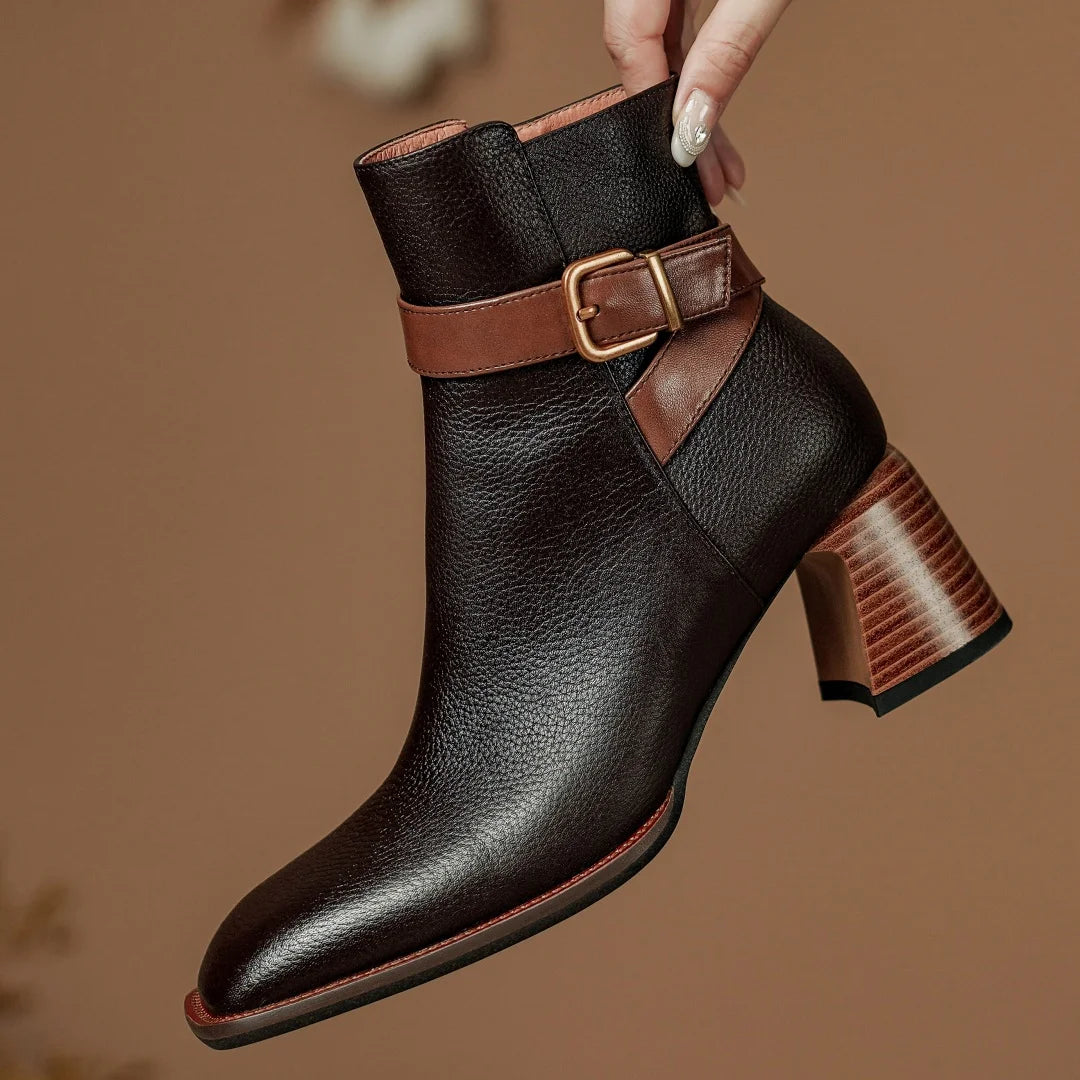 Elegant genuine leather ankle strap square toe daily thick high heel shoes