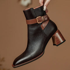 Elegant genuine leather ankle strap square toe daily thick high heel shoes