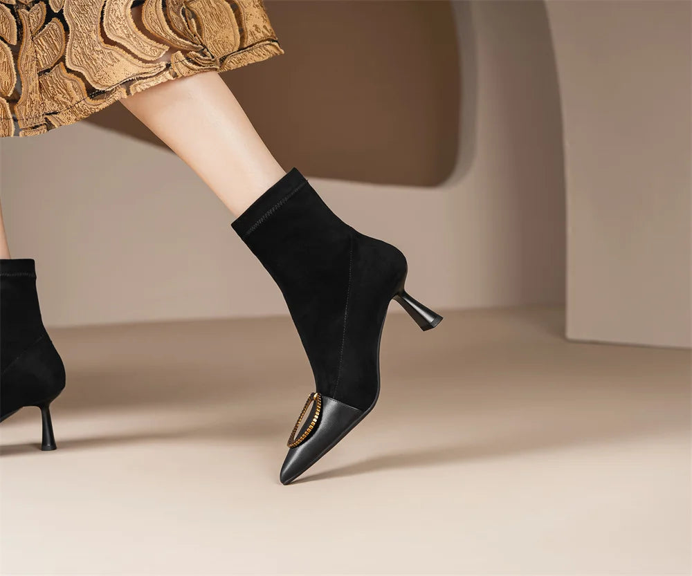 Elegant genuine leather flock patchwork pointed toe slip-on ankle boots