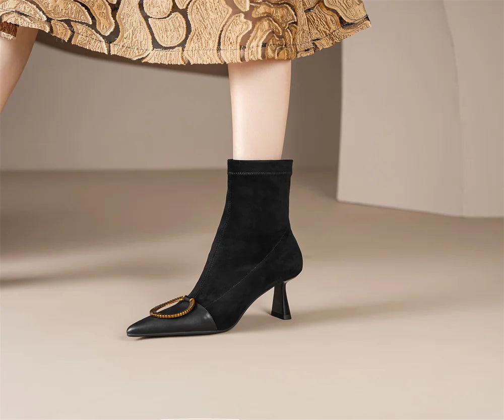 Elegant genuine leather flock patchwork pointed toe slip-on ankle boots