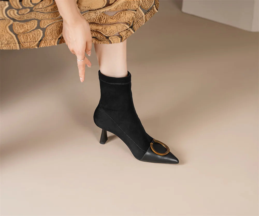 Elegant genuine leather flock patchwork pointed toe slip-on ankle boots