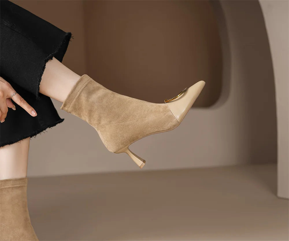 Elegant genuine leather flock patchwork pointed toe slip-on ankle boots