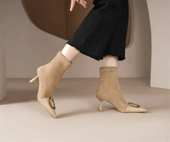 Elegant genuine leather flock patchwork pointed toe slip-on ankle boots