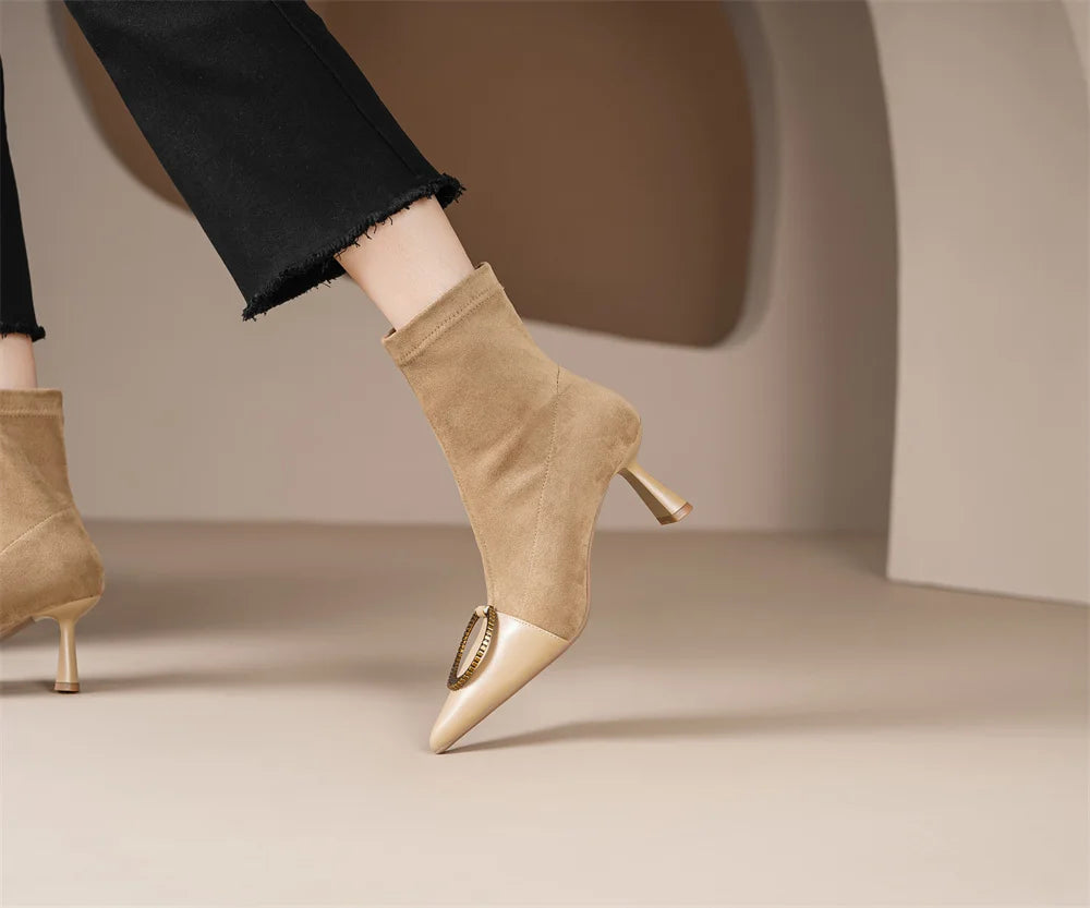 Elegant genuine leather flock patchwork pointed toe slip-on ankle boots