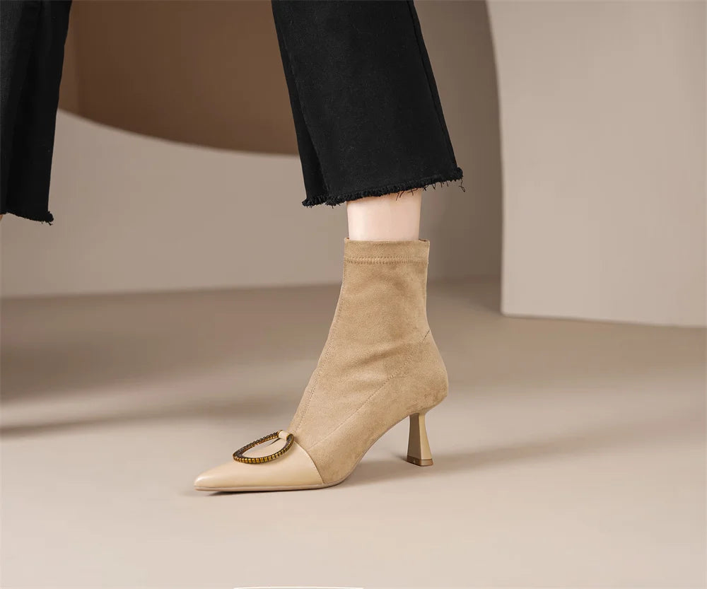 Elegant genuine leather flock patchwork pointed toe slip-on ankle boots