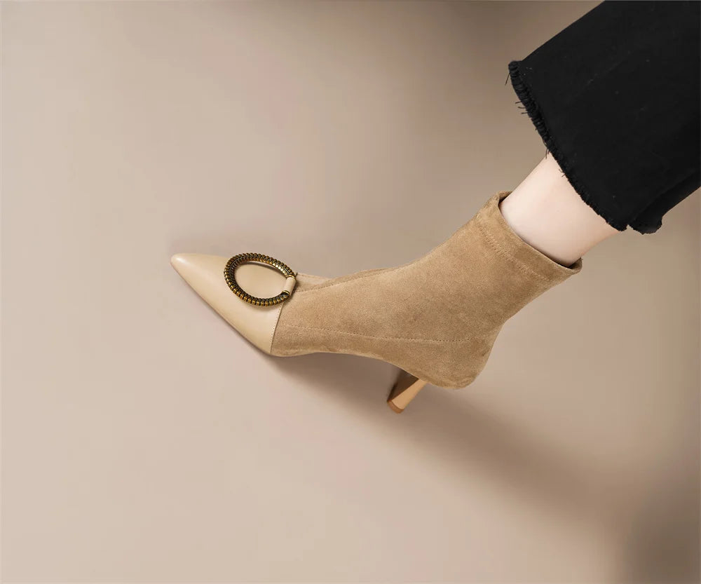 Elegant genuine leather flock patchwork pointed toe slip-on ankle boots