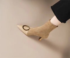 Elegant genuine leather flock patchwork pointed toe slip-on ankle boots
