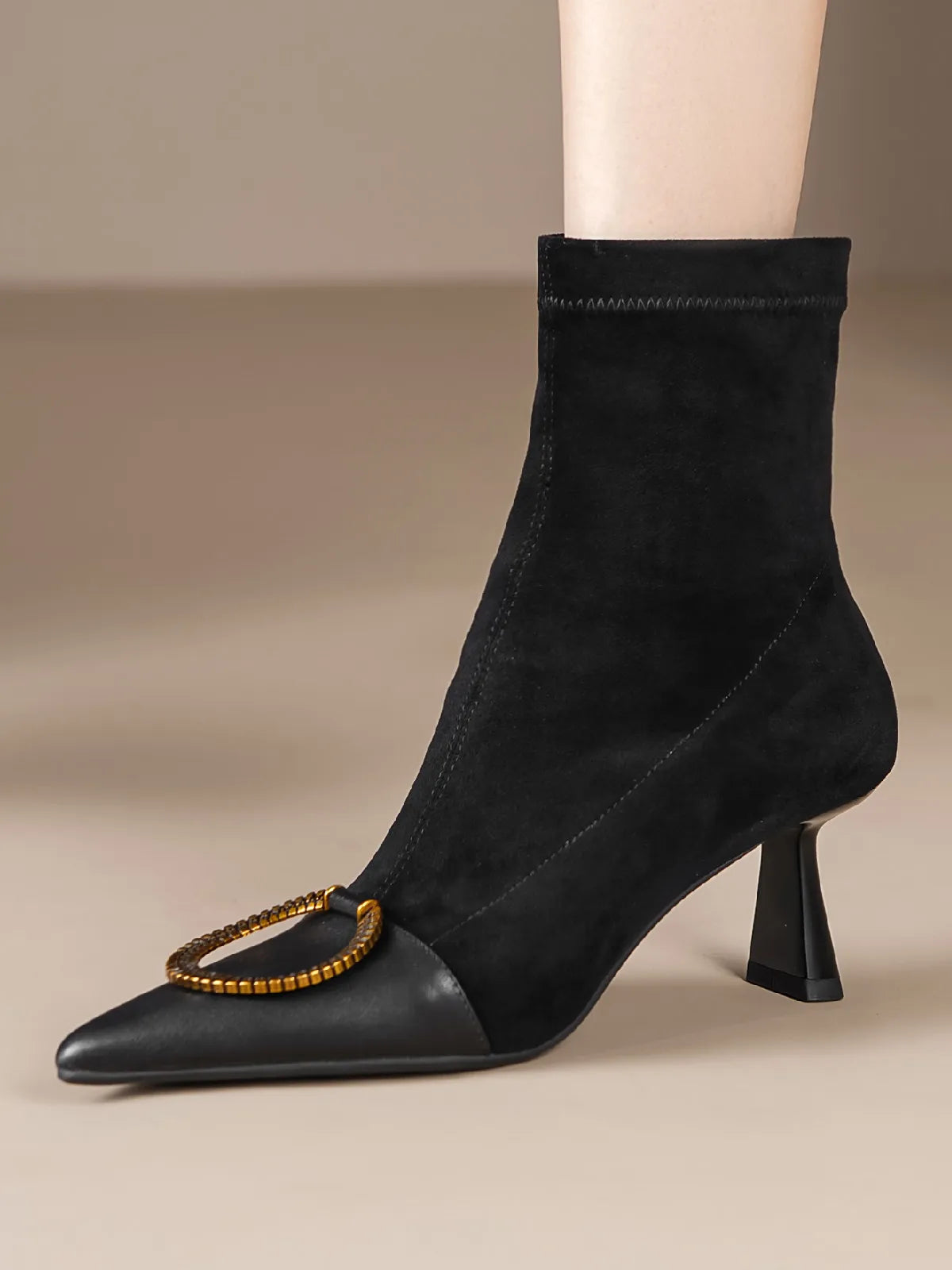 Elegant genuine leather flock patchwork pointed toe slip-on ankle boots
