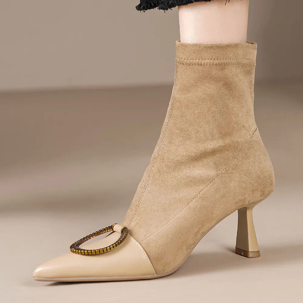 Elegant genuine leather flock patchwork pointed toe slip-on ankle boots