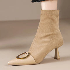 Elegant genuine leather flock patchwork pointed toe slip-on ankle boots