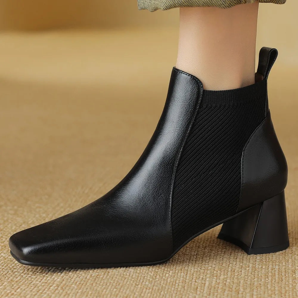 Elegant genuine leather stretch knit slip-on chelsea sqaure toe short ankle boots