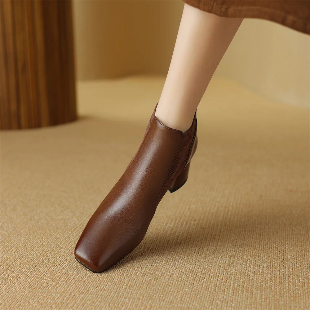 Elegant genuine leather stretch knit slip-on chelsea sqaure toe short ankle boots