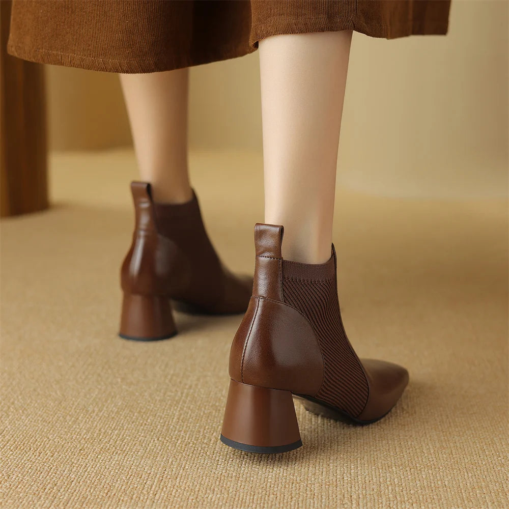 Elegant genuine leather stretch knit slip-on chelsea sqaure toe short ankle boots