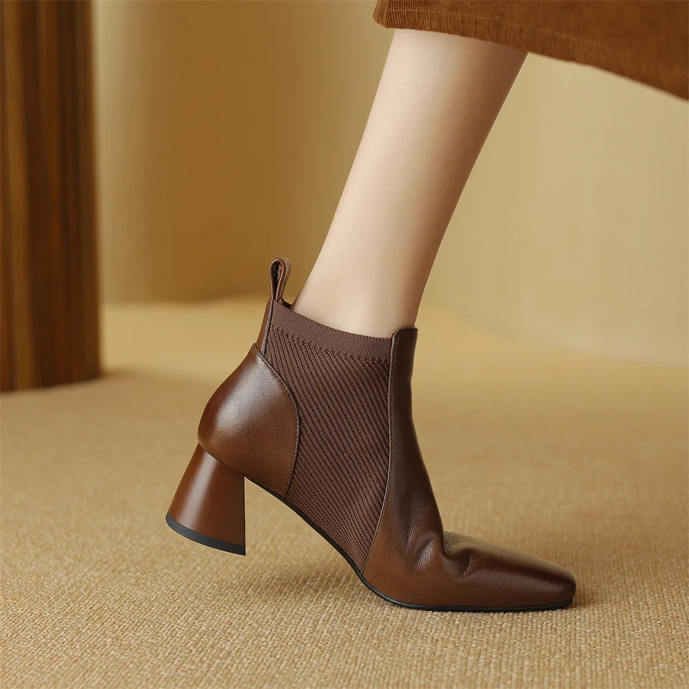 Elegant genuine leather stretch knit slip-on chelsea sqaure toe short ankle boots
