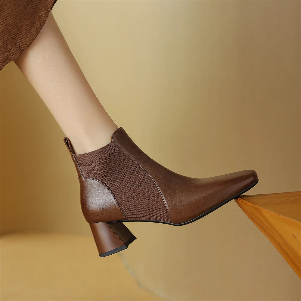 Elegant genuine leather stretch knit slip-on chelsea sqaure toe short ankle boots