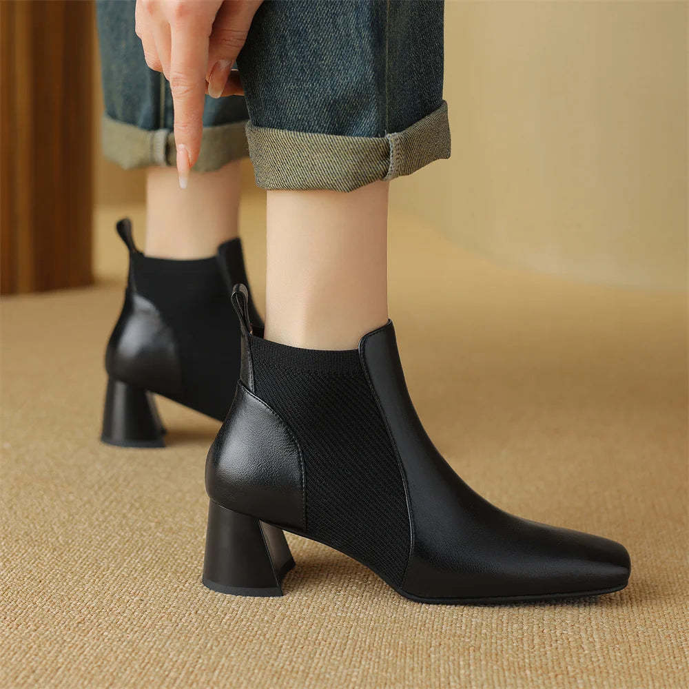 Elegant genuine leather stretch knit slip-on chelsea sqaure toe short ankle boots