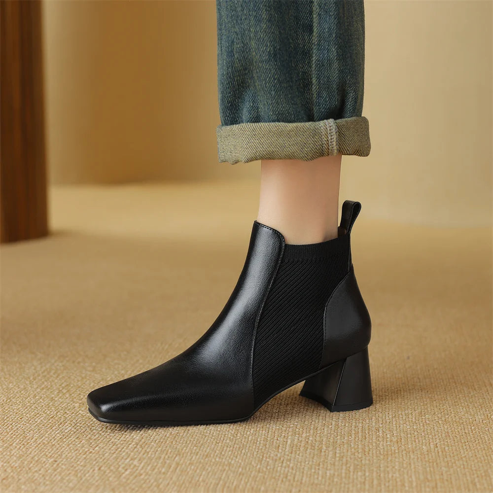 Elegant genuine leather stretch knit slip-on chelsea sqaure toe short ankle boots
