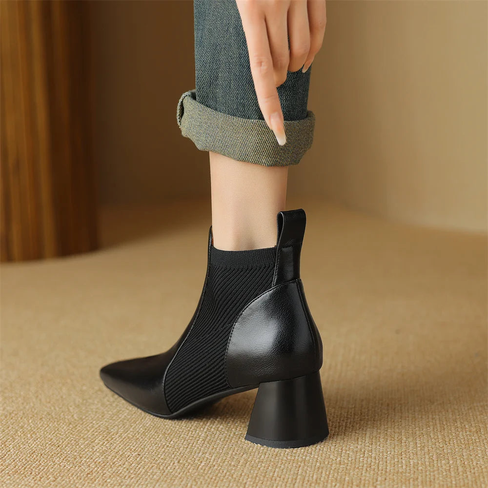 Elegant genuine leather stretch knit slip-on chelsea sqaure toe short ankle boots