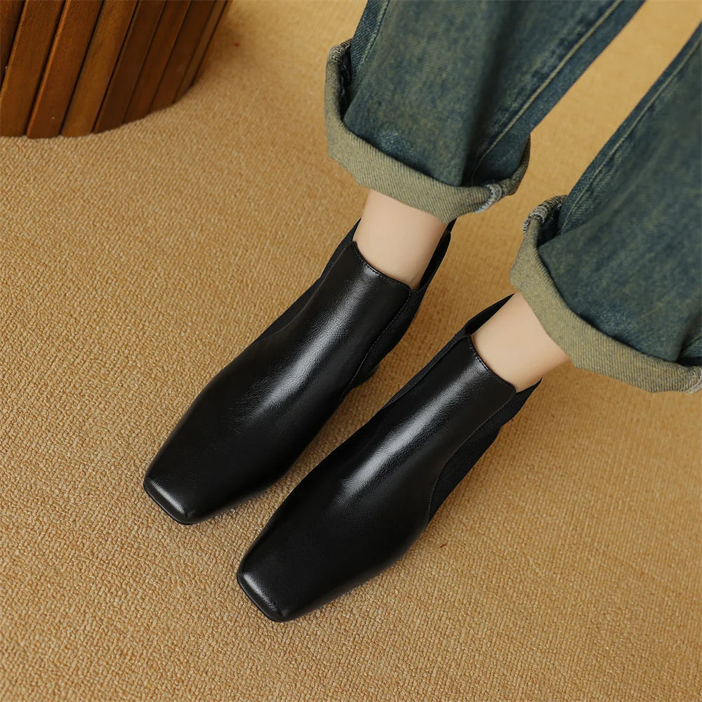 Elegant genuine leather stretch knit slip-on chelsea sqaure toe short ankle boots
