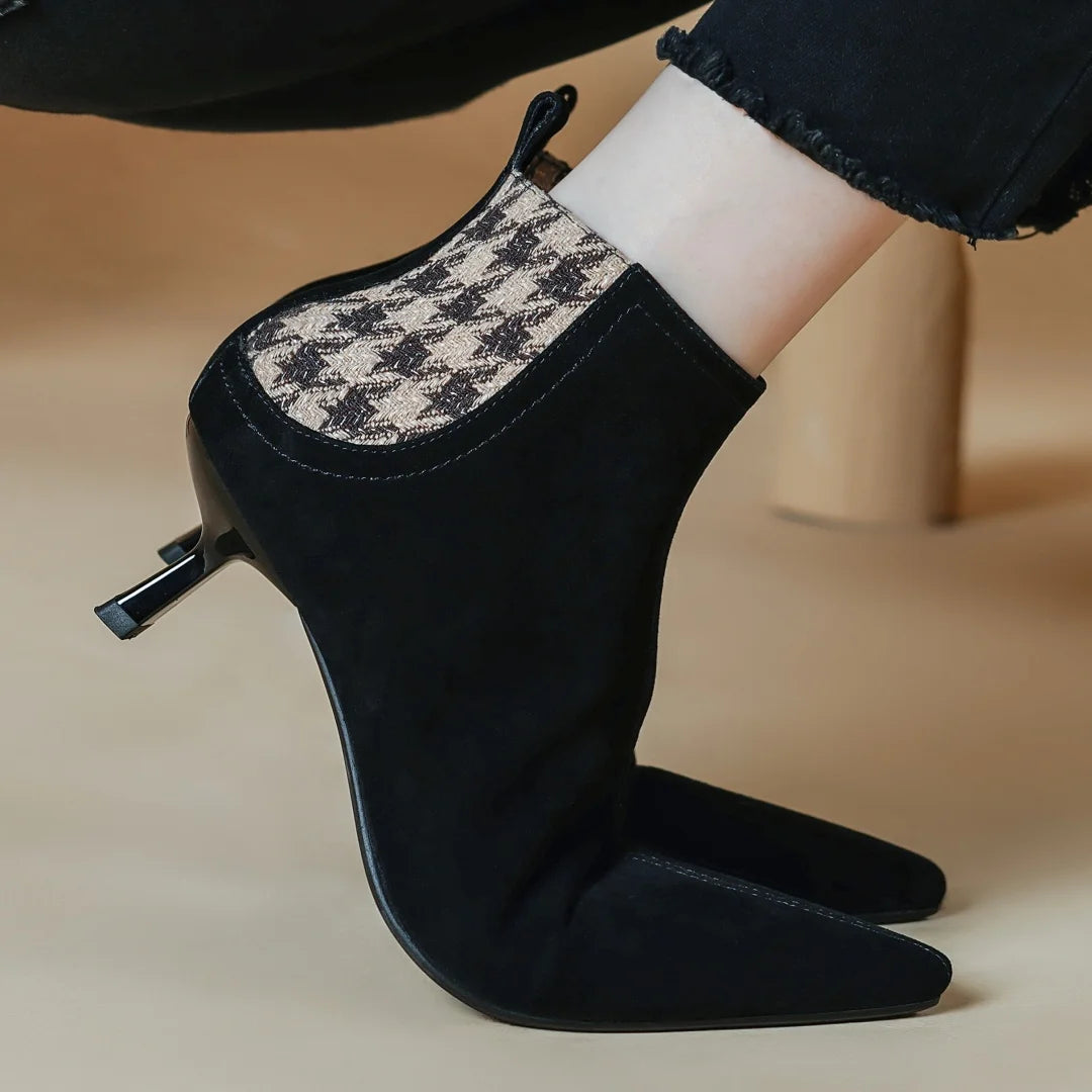 Elegant natural suede leather fabric patchwork side zip ankle thin high heel pointed toe short boots